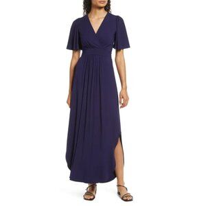 NWT Fraiche By J Womens Navy Jersey Flutter Sleeves Faux Wrap Maxi Dress S SMALL